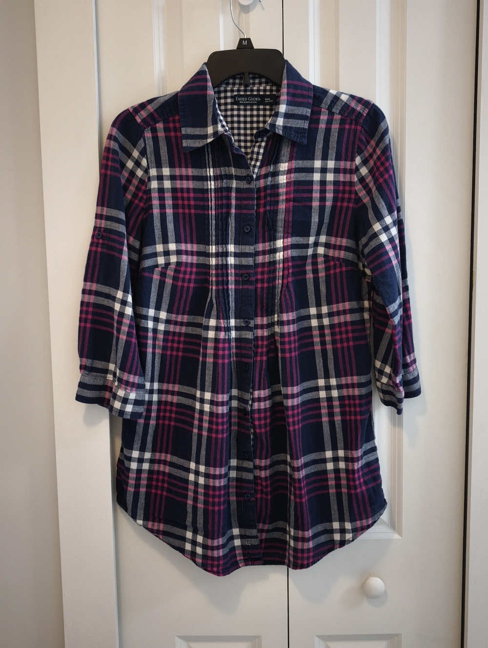 Faded Glory Plaid Button Down Shirt Navy Pink White 100% Cotton Size Small